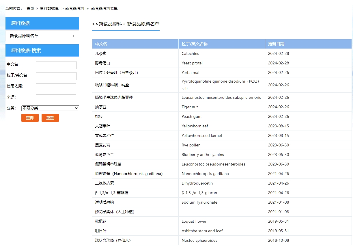 进口新食品原料名单